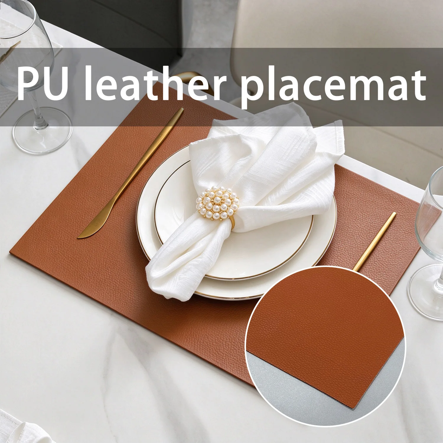 Brown Pu Leather Placemat Set, 30×43cm Non Slip Wipeable Table Mats For Restaurant Banquet Thanksgiving Christmas Table Setting