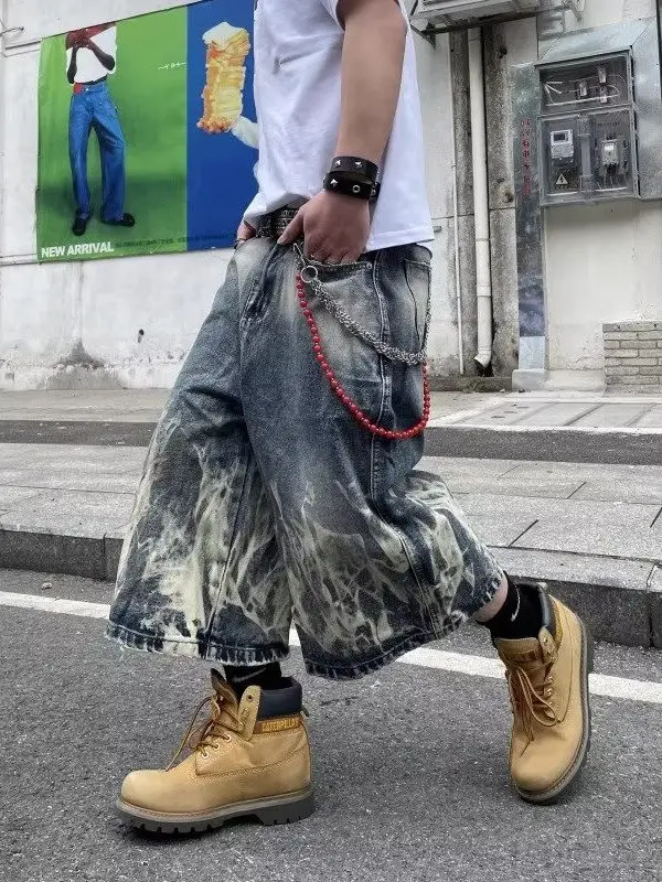 

Casual American Street Sle Thunderbolt Pattern Design Seven-Foot Jeans Men's Women's Knee-Length Straight Leg orts