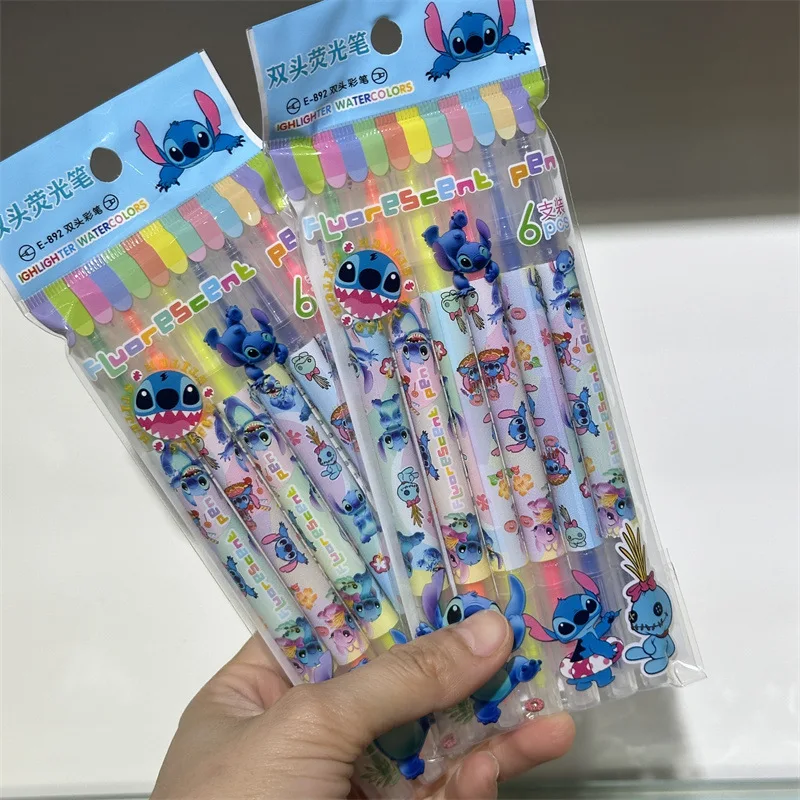 6pcs Disney Lilo & Stitch Double Ended Highlighter 1set Children\'s Drawing Graffiti Markers Student School Supplies Stationery