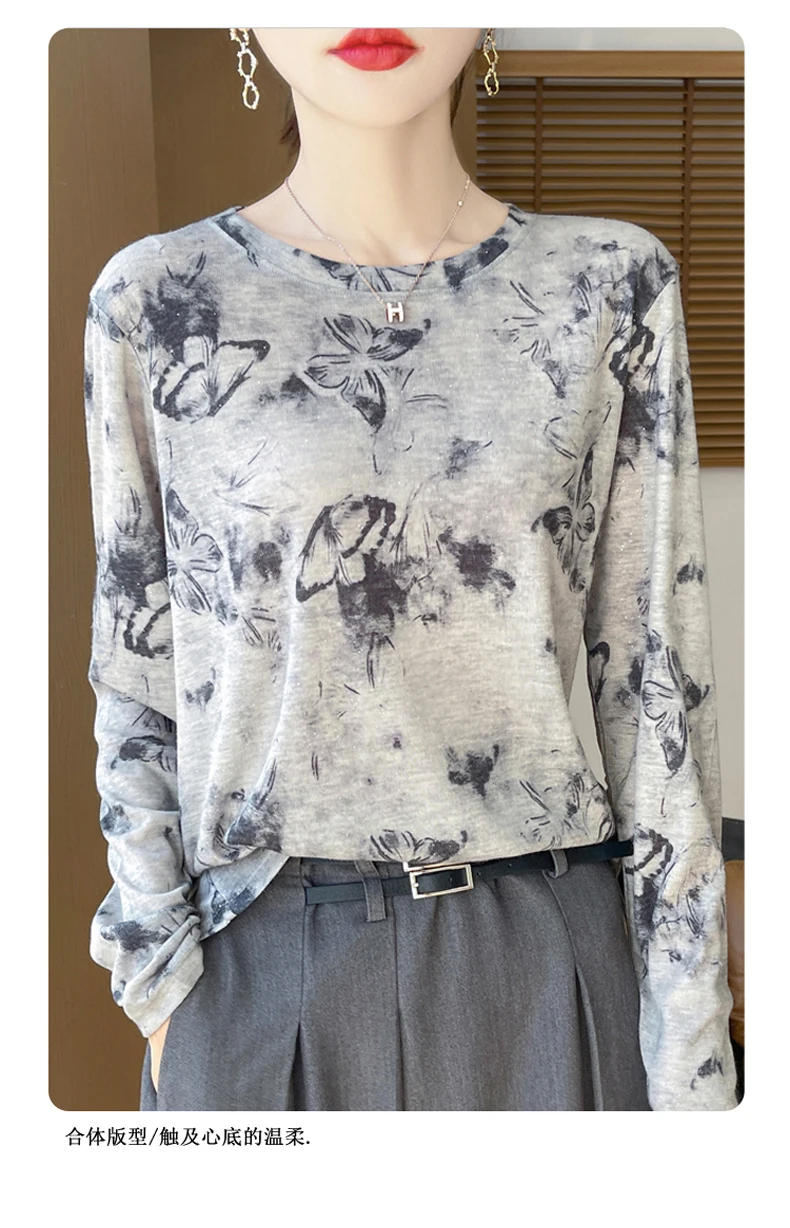 2025 New Summer Thin Silk Knitted Short-sleeved T-shirt Women's Sleeveless Wool Loose Printed T-shirt
