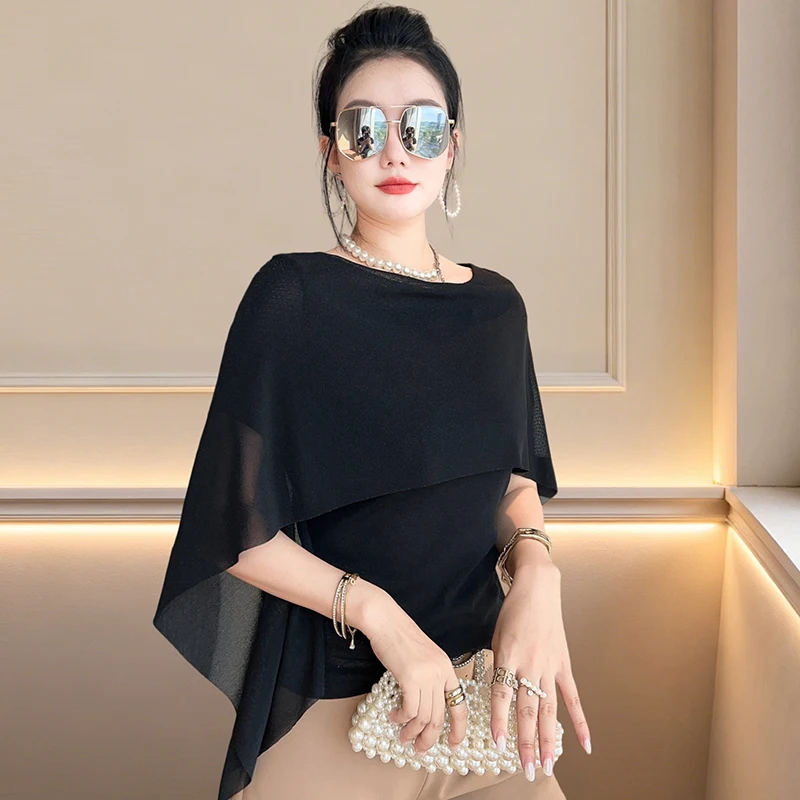 Fashionable Summer Women's T-shirt 2026 New Style Shoulder Wrap Splice Short Sleeve Slim Fit Pure Color Trendy Top Casual Wear