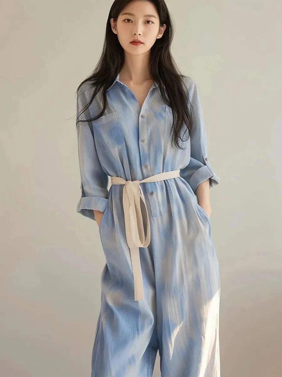 Simple Commute Summer Jumpsuits 2025 New Loose Thin Contrasting Color Versatile Lace Up Curled Sleeve Shirt Jumpsuit 2XL
