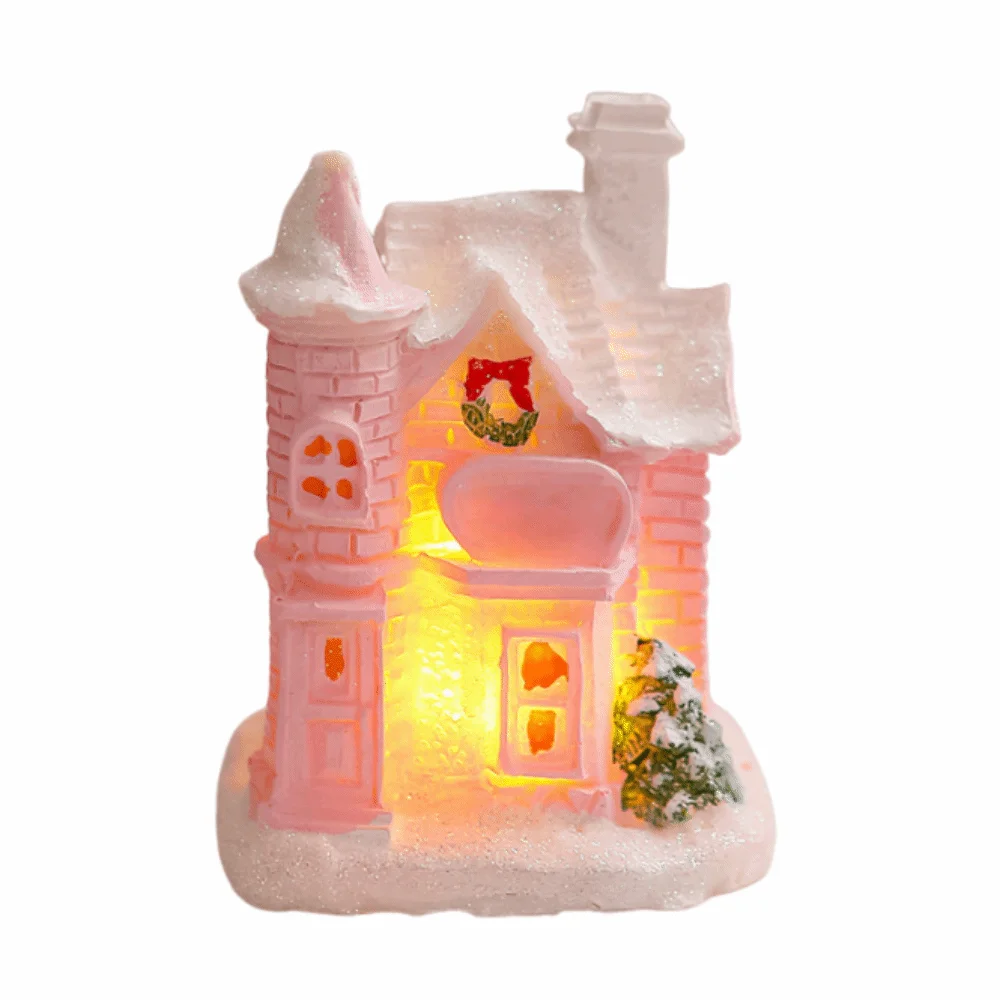 

Resin Christmas Glowing Small House Luminous Pink Christmas House Ornament Warm Light Elegant LED Light Snow House