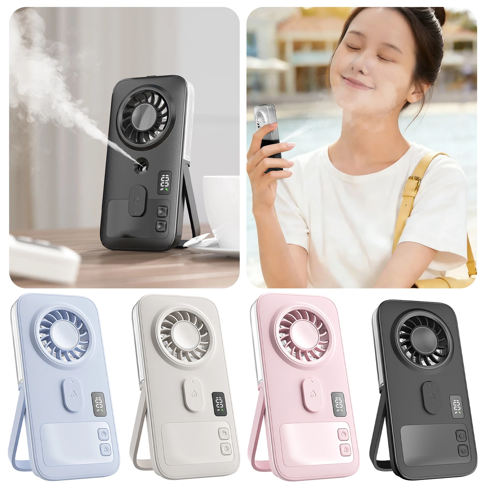 

2-in-1 Portable Misting Fan USB Rechargeable Ultra-Thin Personal-Cooling Fan Mini Hand Fan Slim Desk Fan with Stand for Outdoor