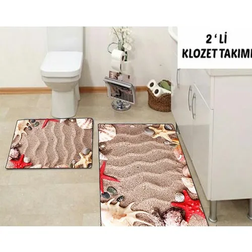 Else Carpet 3 Dimensional Sandy Beach Toilet Seat Pad Bath Mat Set