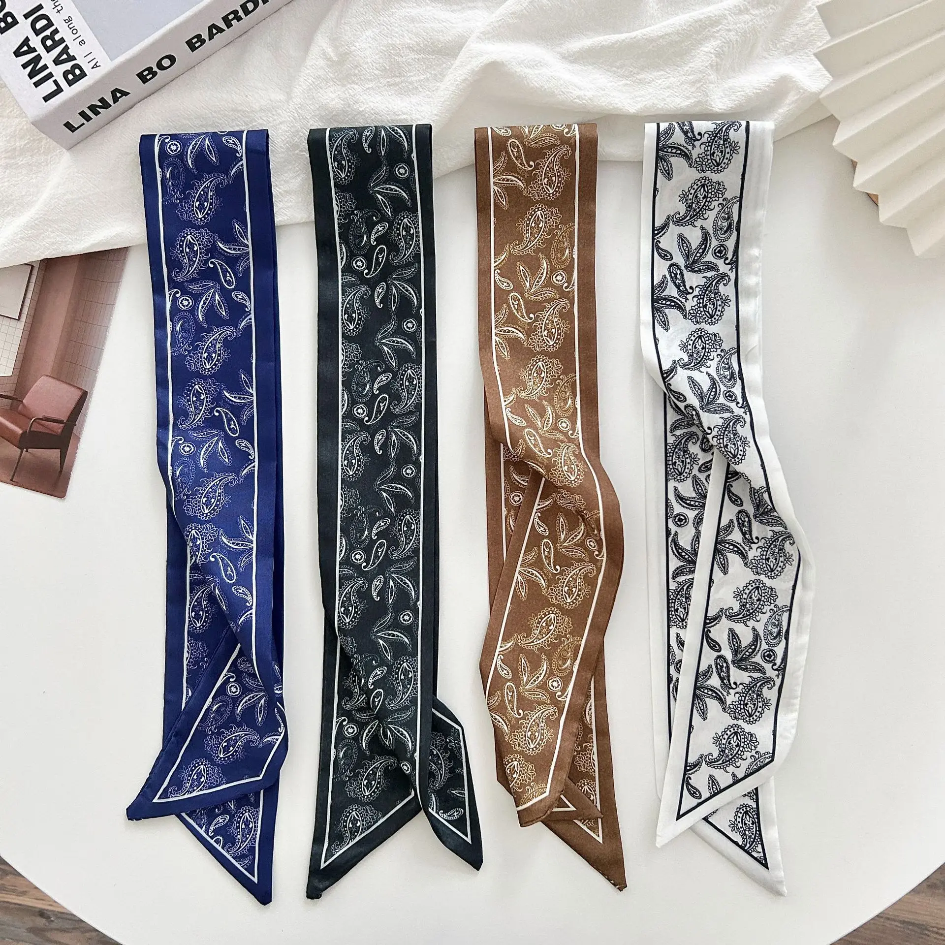 Scarf Vintage Paisley Print Long Skinny Satin Wrap Decorative Hair Band Bag Tie Belt Neck Scarf Lightweight for Women Travel
