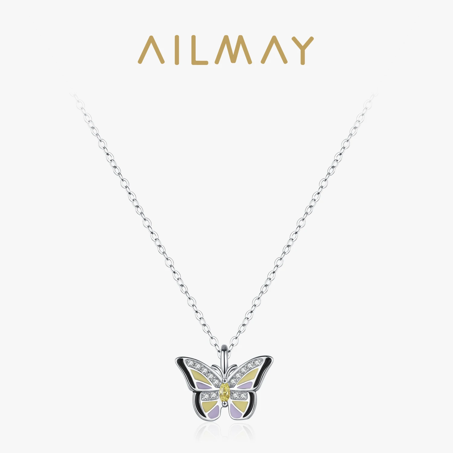 Ailmay 925 Sterling Silver Colored enamel Shiny Butterfly Pendant Necklace Ladies Wedding Party Jewelry Gift