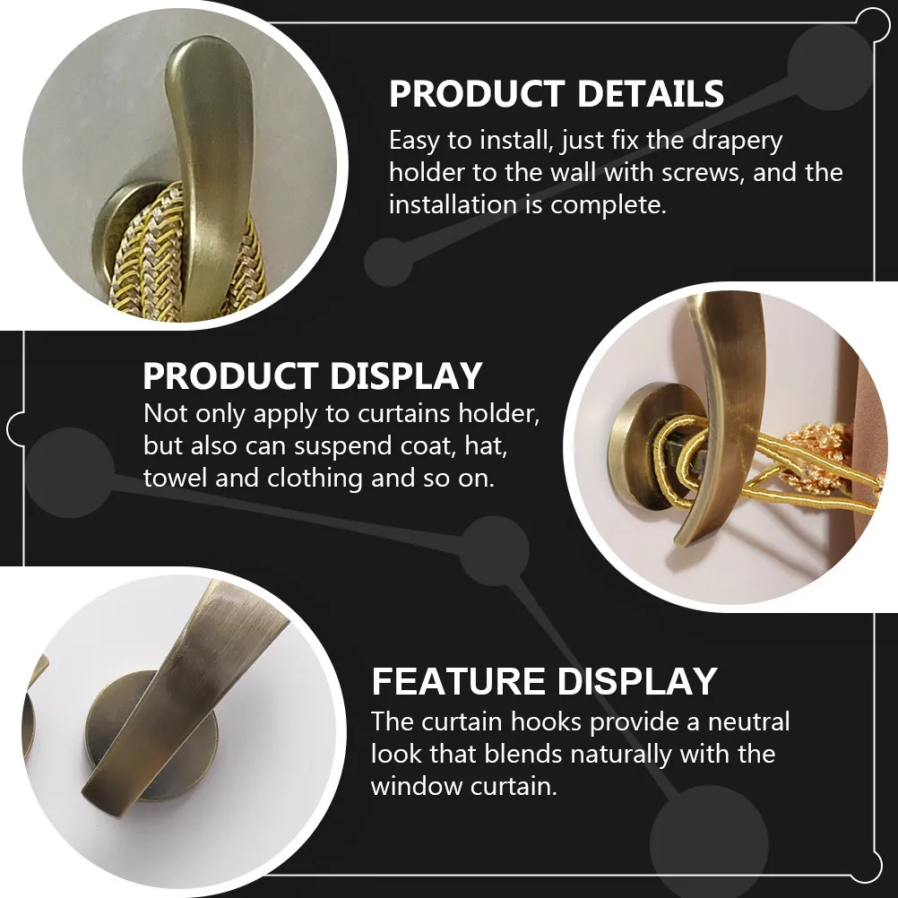 2Pcs Window Curtain Hooks Zinc Alloy Holdback Wall Mounted Drapery Tiebacks Home Office Hotel Wall Hangers
