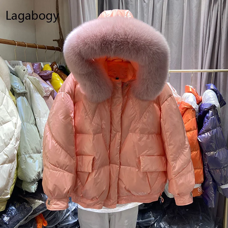 

Fox Collar 2023 Fur Big Winter Real Women Glossy Parka 90% White Duck Down Jackets Female Hooded Warm Waterproof Coats