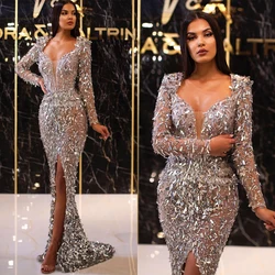 Sparkly Evening Dresses Mermaid Shining Sequined Sleeves Side Split Sweep Train Lining Prom Dress Vestido De Noite Customized