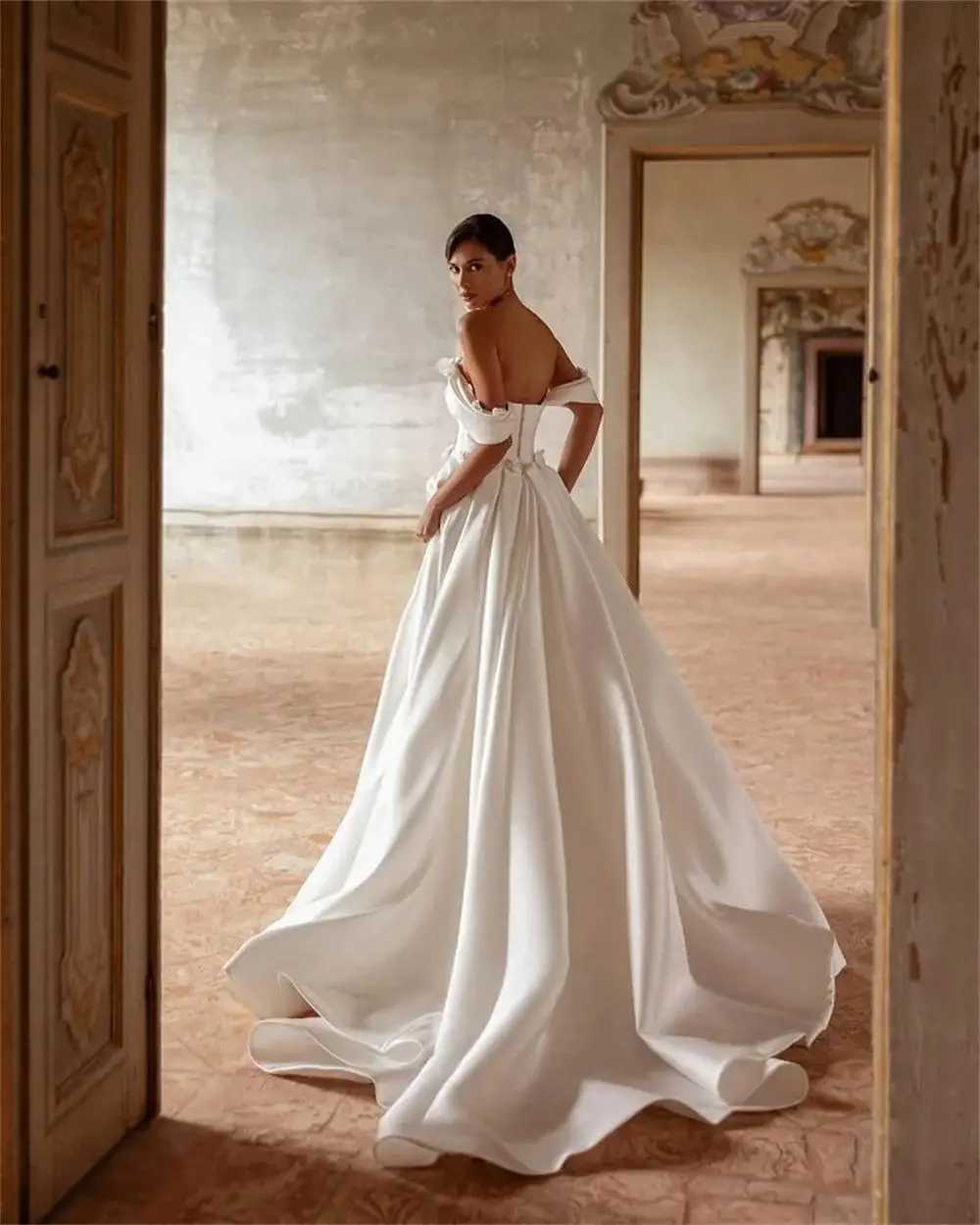 بوهو قبالة الكتف الساتان حورية البحر مثير ثوب الزفاف زر الظهر الزهور الصناعية فستان الزفاف مع قطار للانفصال مخصص #3