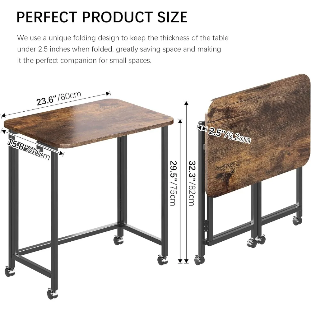 Folding Laptop Desk with Wheels, Modern Industrial Style, Home Office Writing Table, Rustic Brown, 23.6 Inches