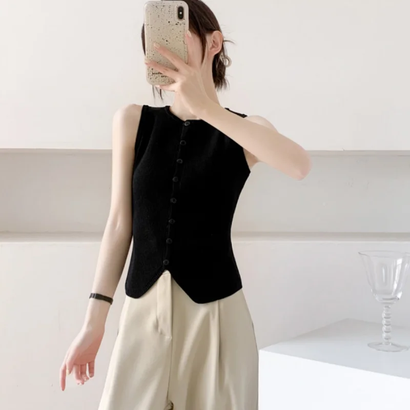 Summer New Ice Silk Knitted Horse Jacket Cardigan Women's Solid Round Neck Button Sleeveless Tank Thin Simple Versatile Slim Top