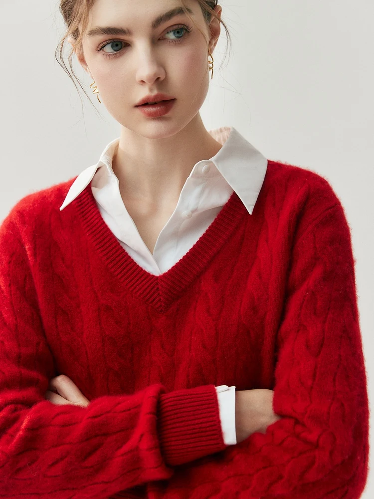 ADDONEE Maglione pullover in maglia a trecce con scollo a V da donna Autunno Inverno Maglieria in cashmere 100% stile preppy Maglione in cashmere spesso