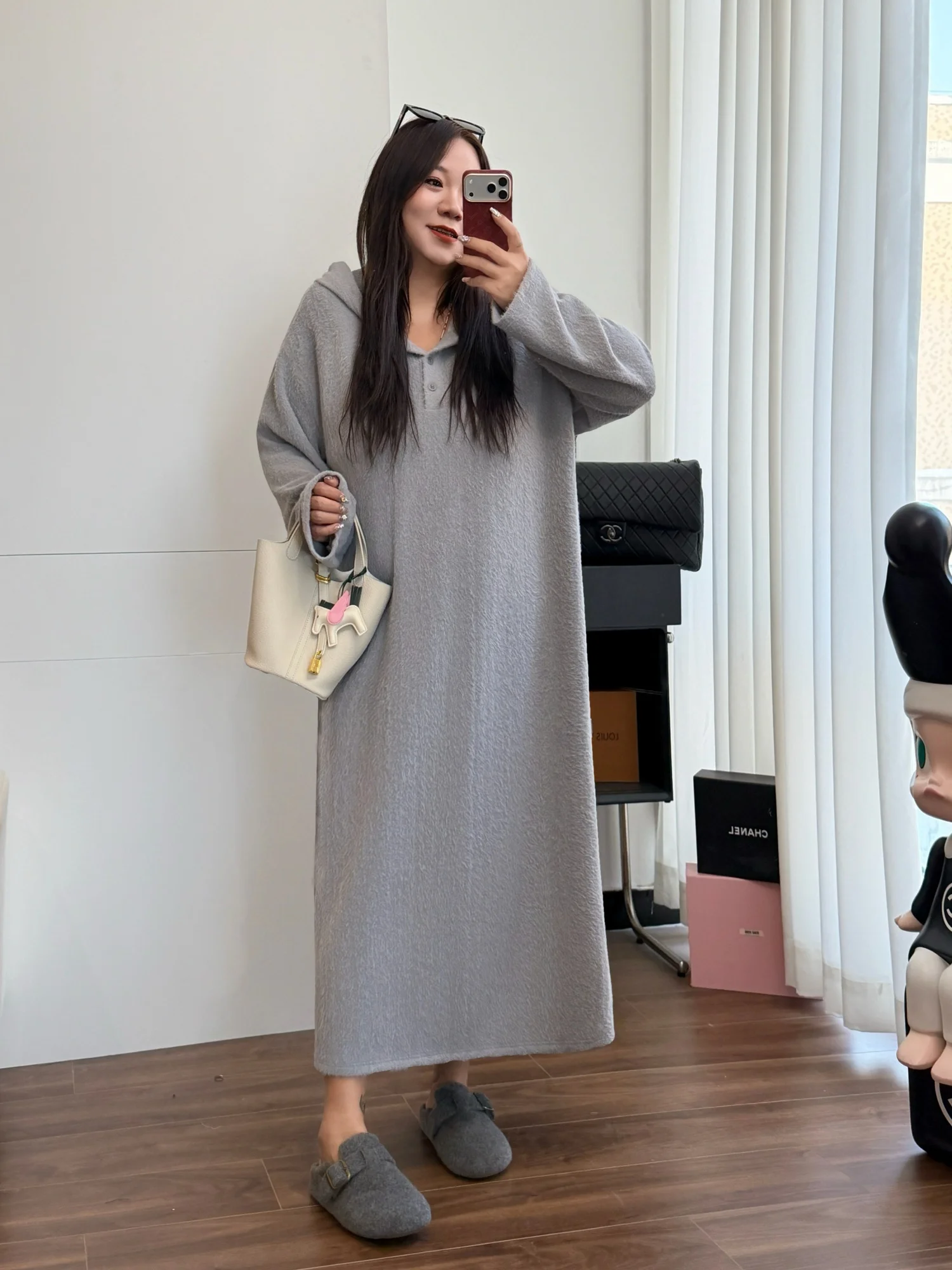 

plus Size Casual V-Neck Hooded Dress Thick Sister Lazy Feeling Versatile Slimming Long Sleeve Autumn Winter Knitted Dress