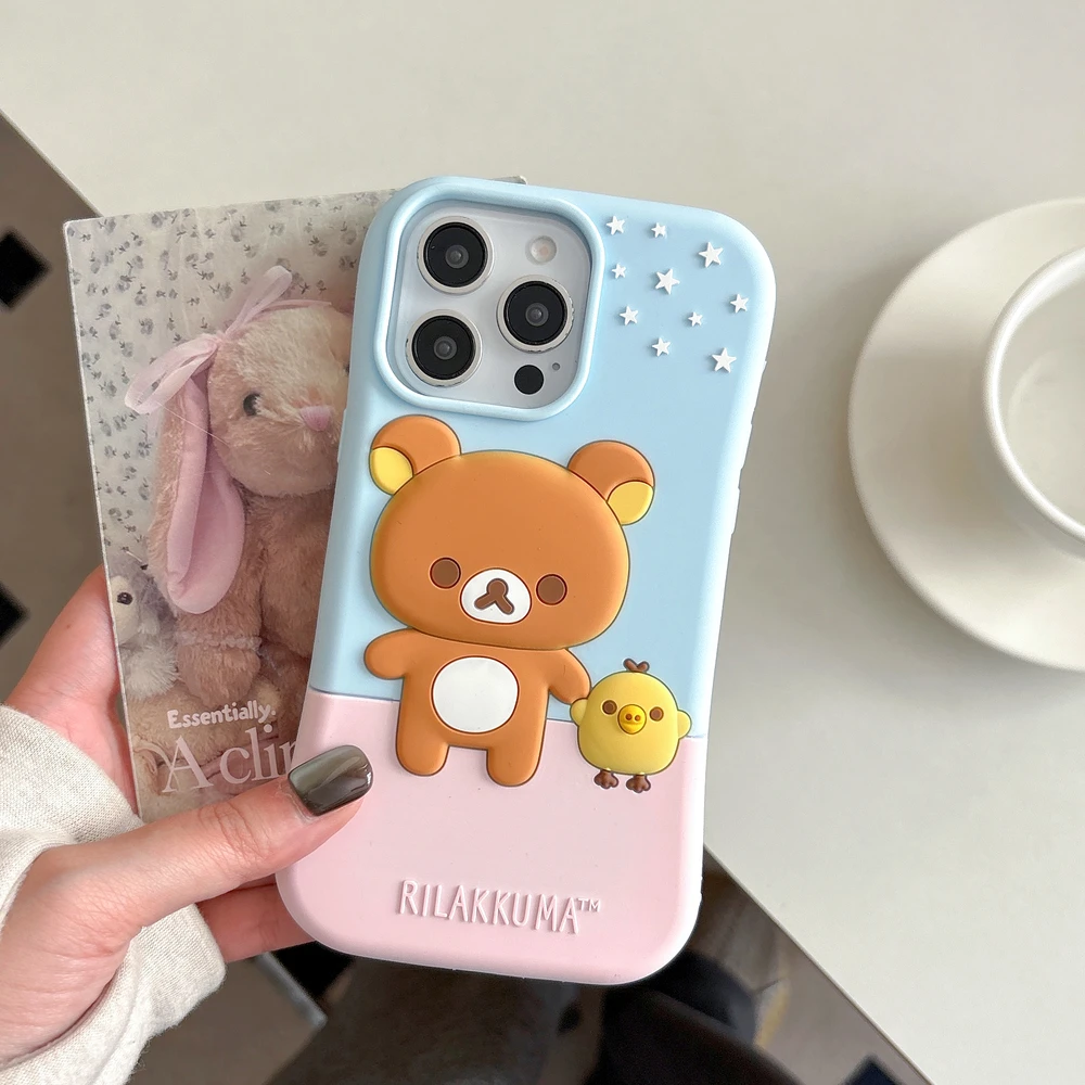 Niedliche Cartoon Rilakkuma Bär 3D Stereoskopische Handyhülle für iPhone 17 16 15 14 13 12 11 Pro Max Stoßfeste Weiche Silikonhülle