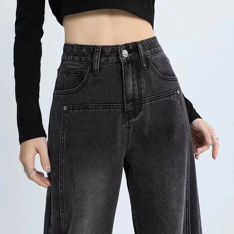 Straight Jeans for Women Spring Autumn High Waisted Long Pants Loose Denim Trousers Dark Grey Plus Size Clothing Vintage Style