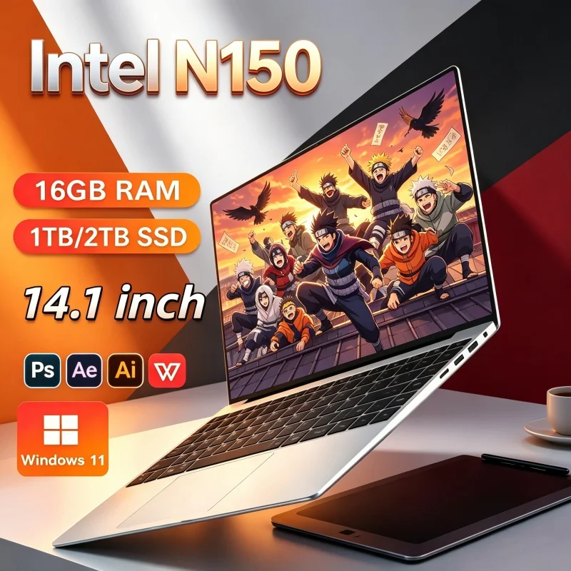 2026 Premium Grade Intel Core N150 14.1 Inch Laptop 32GB RAM 2TB SSD Windows 11 Ultra Slim Gaming Gamer Office Notebook 1920x108