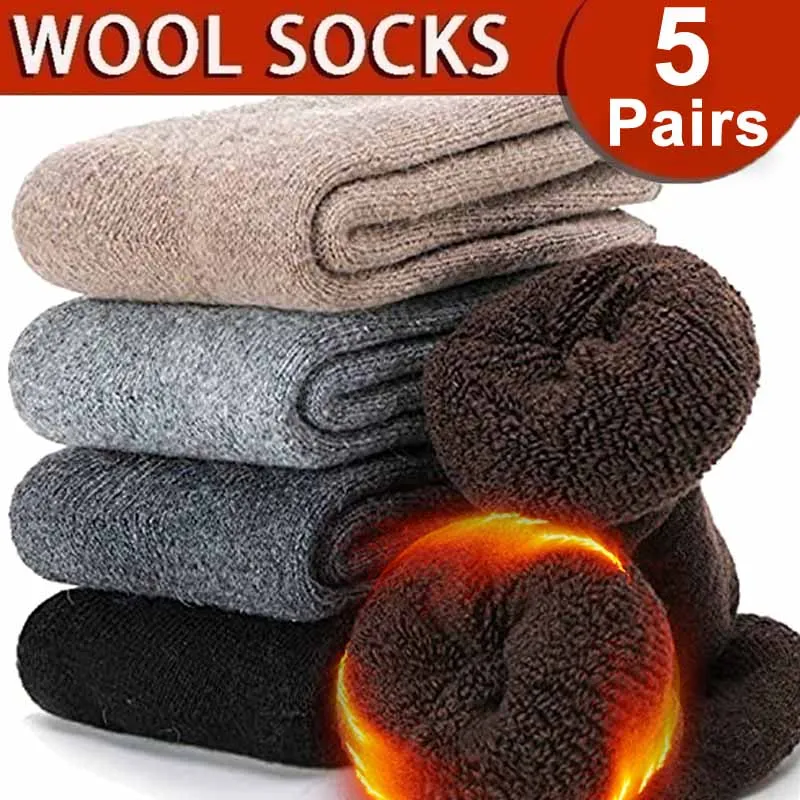 

5Pairs Men Merino Wool Sock Super Thick Thermal Hiking Winter Warm Boot Heavy Soft Cozy Socks for Cold Weather Plush Tube Socks