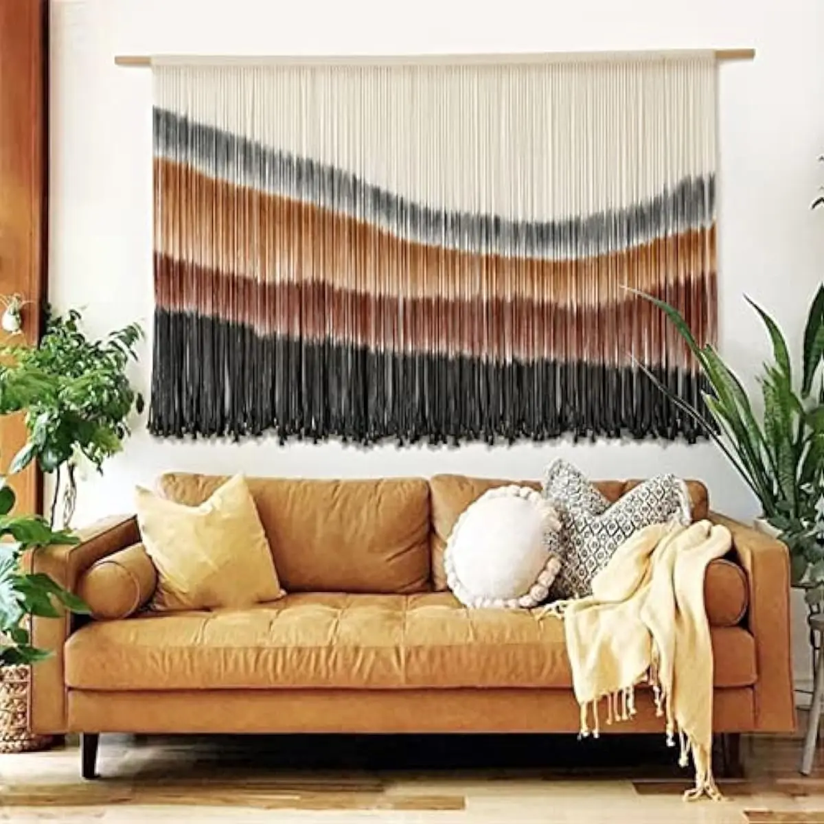 Macrame Wall Art Hand-Knotted Cotton Tapestry with Organic Tie-Dye in Espresso and Three Complementary Hues 57 Inches Wide by 35