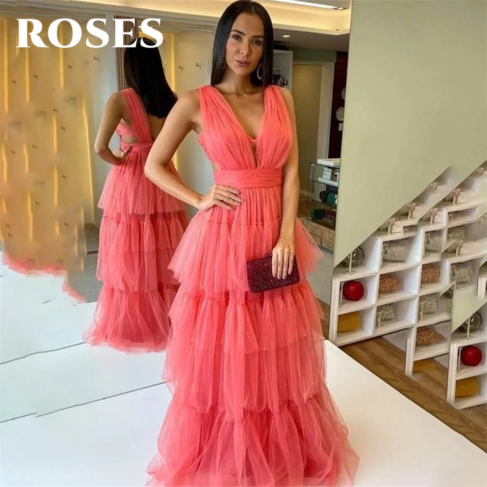 Rosen rosa V-Ausschnitt Party kleid Tank A-Linie Abendkleider mit Falten Tüll Robe de Soirée süße geschichtete Kuchen Kleid Ballkleid