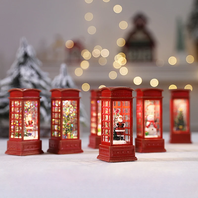 Christmas Red Vintage Luminous Phone Booth Lantern Christmas Tree Snowman Santa Claus Figurine In Telephone Booth Decoration