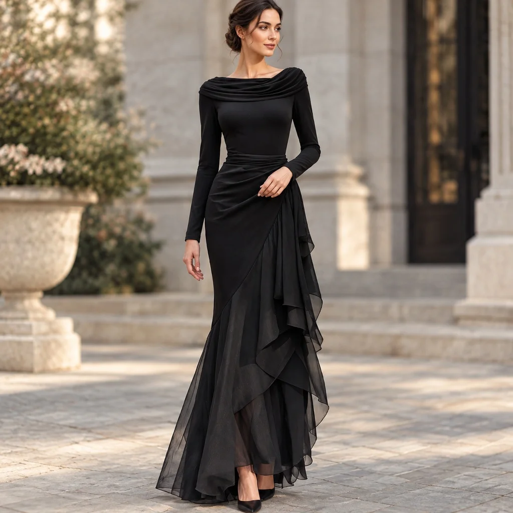 Pleated Patchwork One Shoulder Neckline Dress a Line Maxi Length Backless Elegant Wedding Guest Dresses for Women Autumn Winter