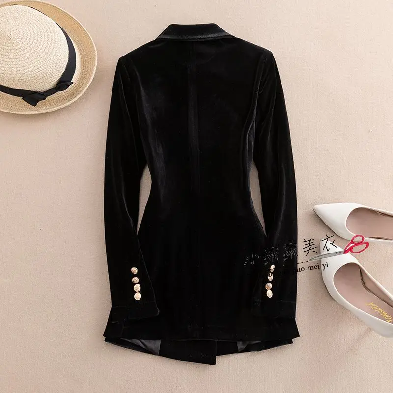 2023 Autumn And Winter New Thickened Velvet Fashion Suit With Black Gold Double Breasted Two Piece Outfits OL Women's Set