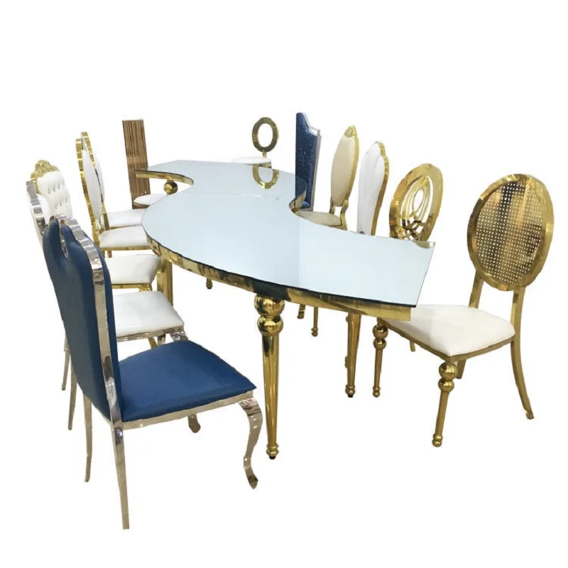 Gold stainless steel MDF round S shape dining wedding table party chairs and moon serpentine tables