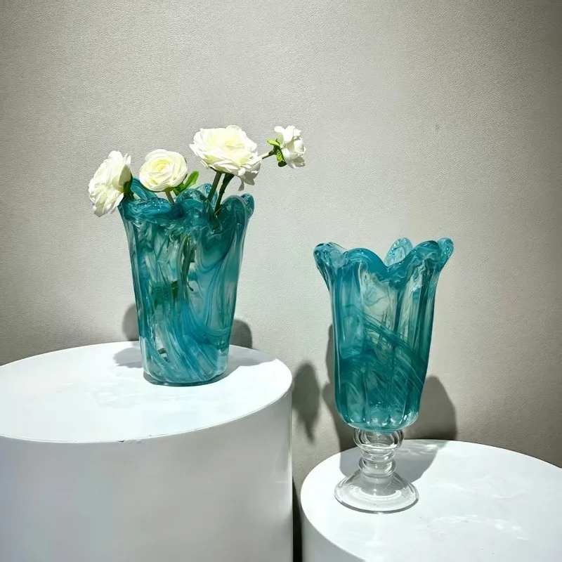 French retro atmosphere, tall pink pearlescent glazed glass vase, handmade fresh flower arrangement, water raising, living room