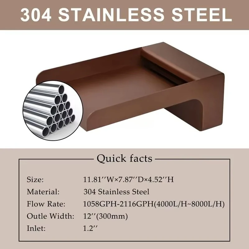 304 Stainless Steel Handcrafted Waterfall Spout Decor for Pools, Ponds & Water Walls