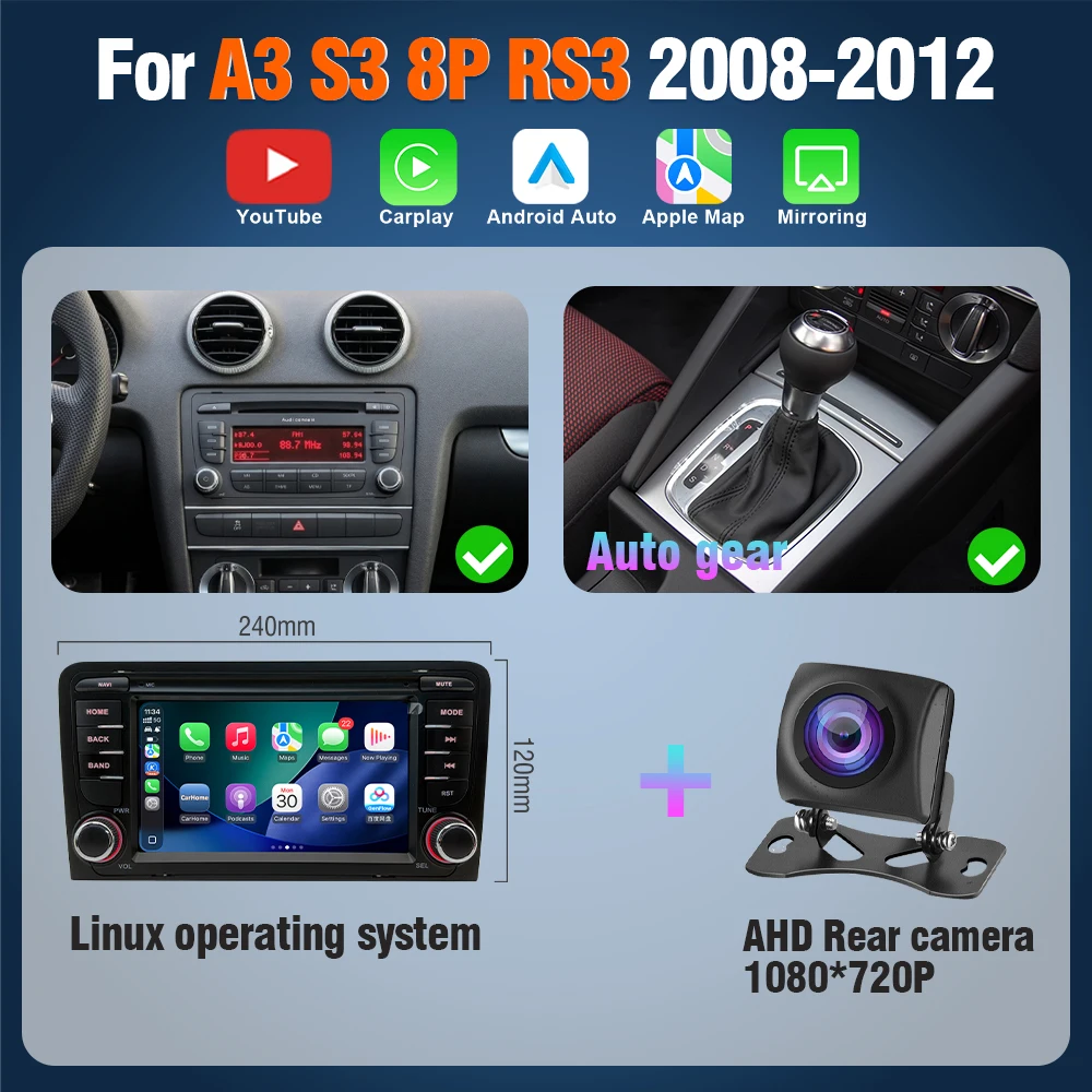AUTOTOP 7" YouTube draadloze CarPlay Android Auto multimediascherm voor Audi A3 8P 2003-2011 S3 RS3 Sportback autoradio - afbeelding 1