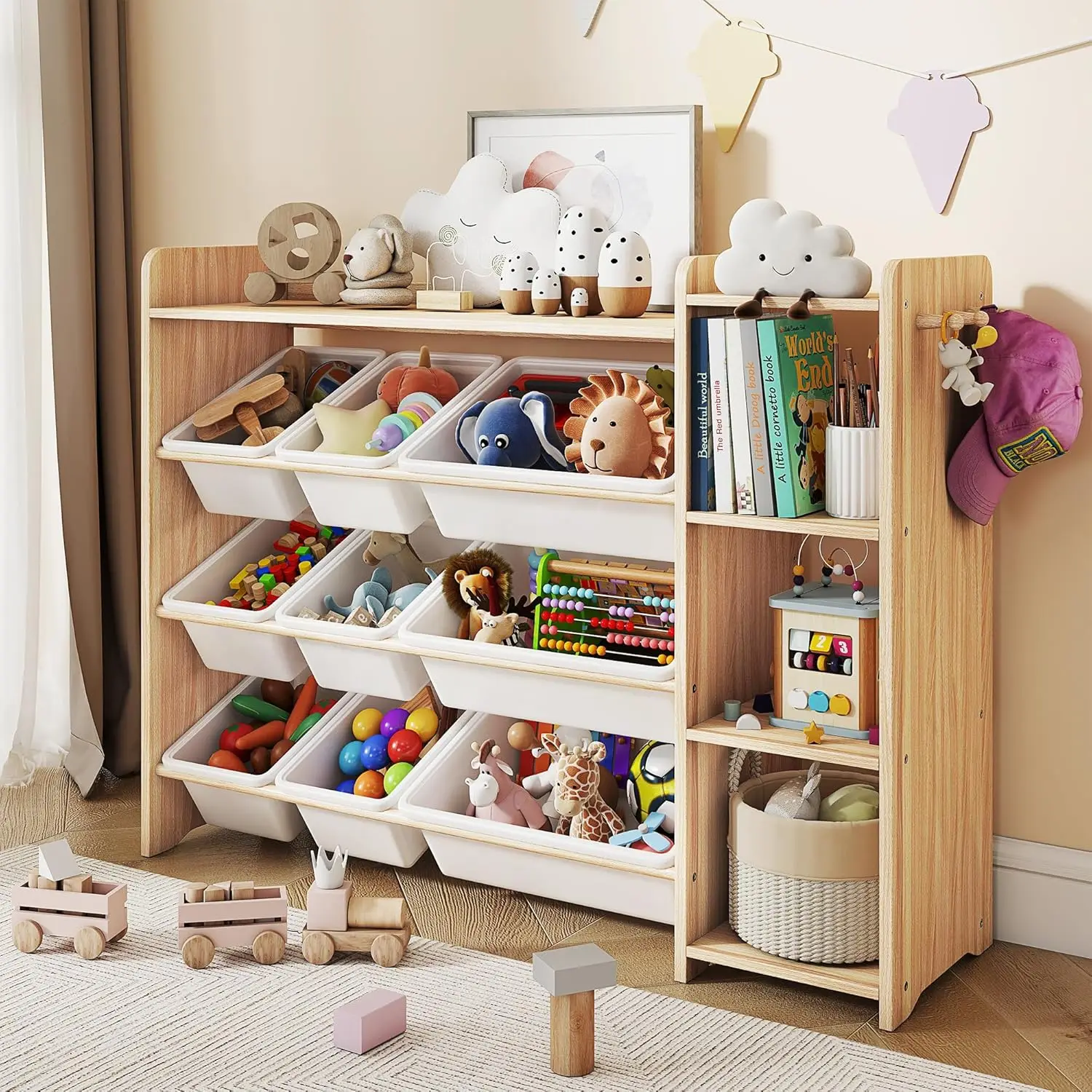 

3-Tier Kids Toy Storage Organizer with 9 Bins, White & Natural Wood Shelf for Nursery and Playroom