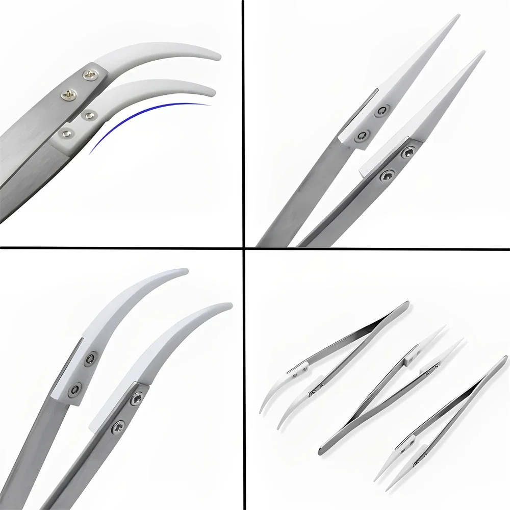1/2pcs Stainless Steel Ceramic Tip Tweezers Antimagnetic High Temperature Resistant Non-Conductive Tip Hand Tool