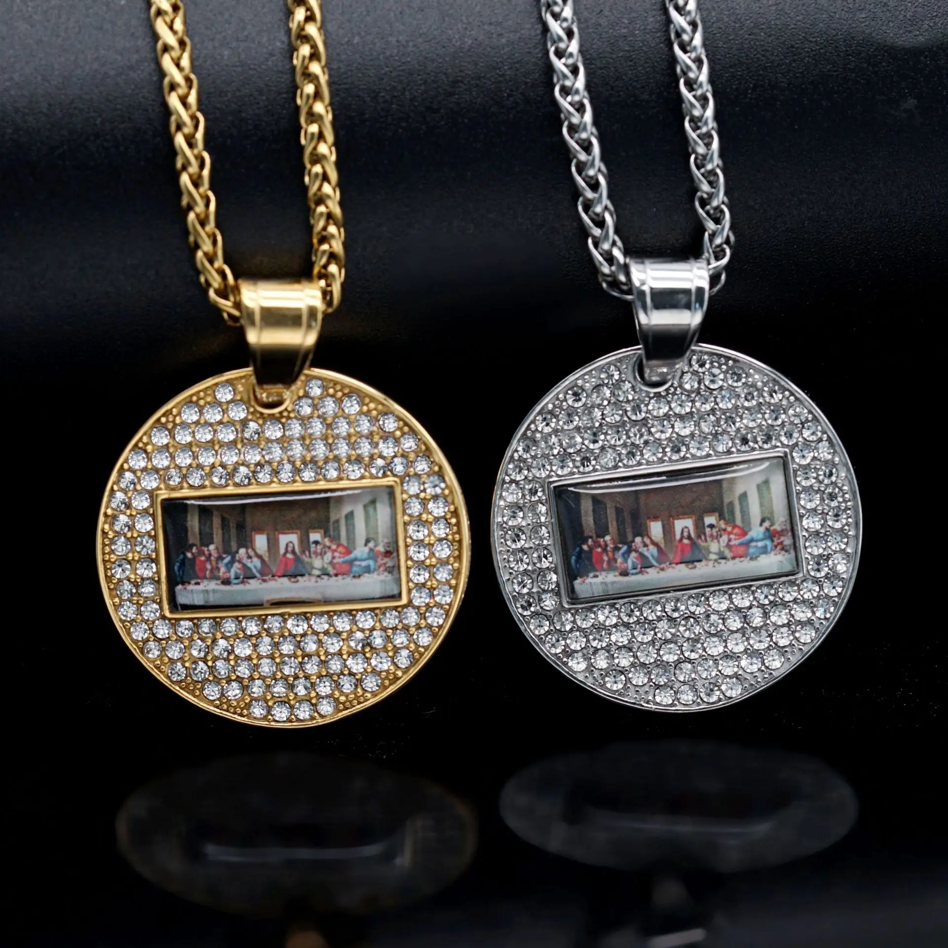 Christian Gold silver Color round The Last Supper Pendant Necklace 316L stainless steel with rhinestone Ladies Jewelry
