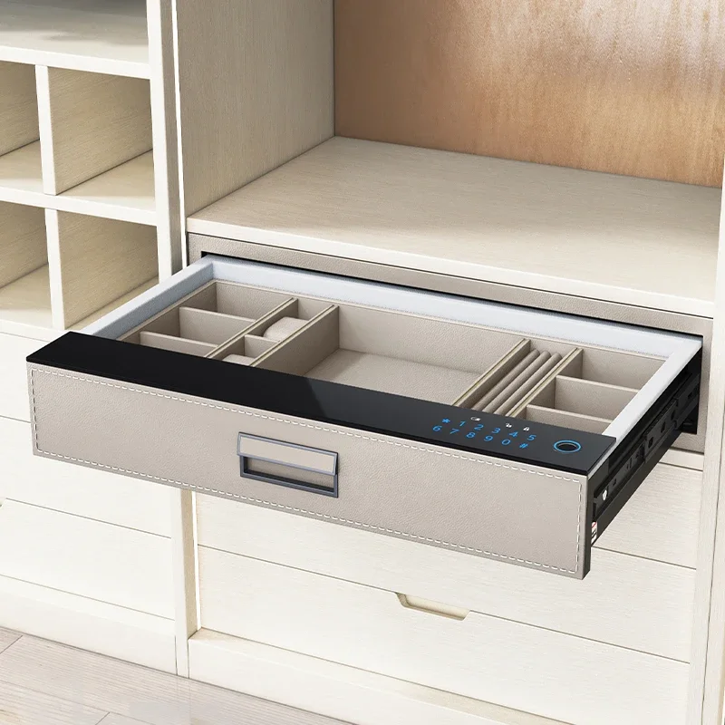 Invisible  embedded home jewelry drawer leather safe box cabinet FINGERprint WOOD PASSWORD LOCK storage drawers