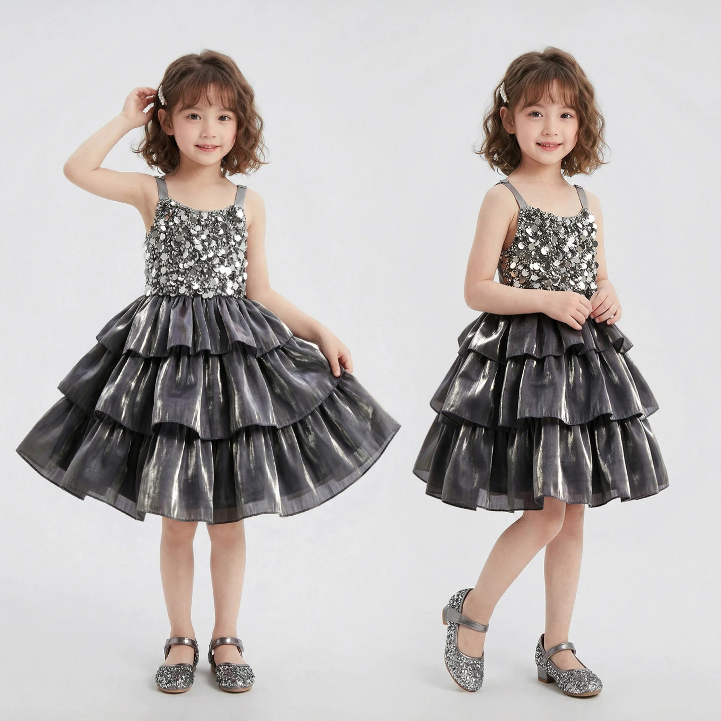 

Girls Sparkly Sequin Tiered Dress Sleeveless Black Satin Cake Dress Party Wedding Birthday Kids Jazz Streetwear dance Clothes