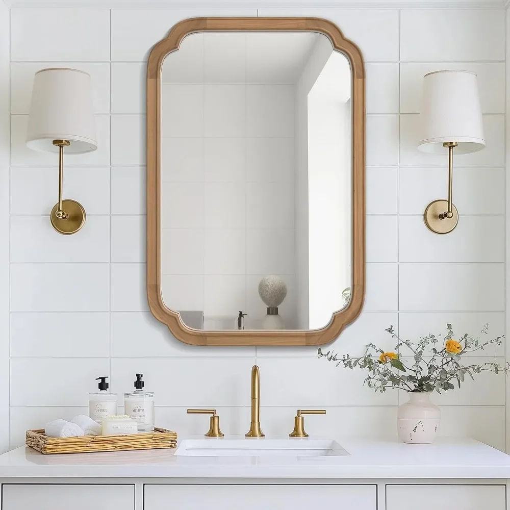 Espelho de parede retangular de arco de cantos recortados completos com moldura de madeira para entrada, sala de estar, quarto - grande 20x30 decoração de casa