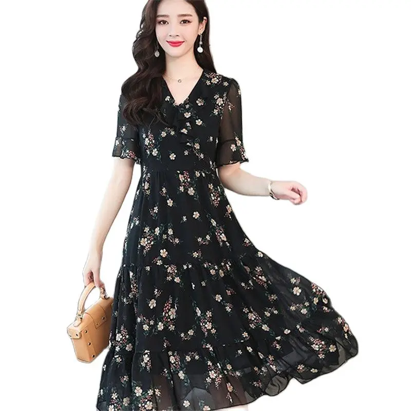 Spring Summer Dress Women 2023 New Black V-Neck Dense Flower Pattern Dresses Fashion Falbala Loose Short Sleeves Tops Female