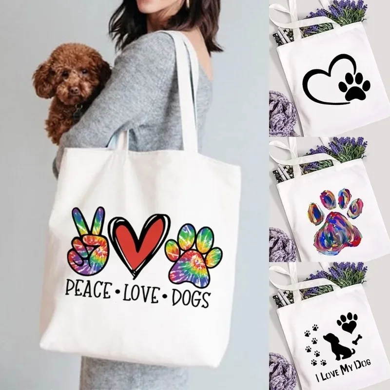 Semplice borsa a tracolla con stampa di zampe di cane Peace Love Ladies borsa per la spesa di grande capacità borsa a tracolla portatile in tela per