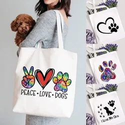 Simple Dog Paw Printing Shoulder Bag Peace Love Ladies Large Capacity Shopping Bag Canvas Portable Tote Bag Student Schoolbag