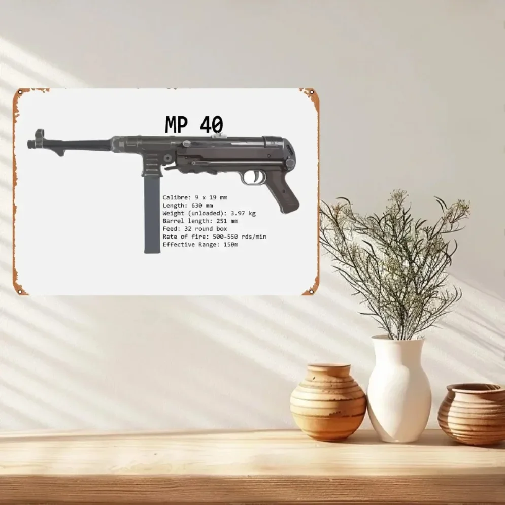 MP 40 Sub Machine Gun Metal Tin Sign Wall Decor Man Cave Military Fan Gift Home Bar Pub Decorative Military Posters 12x8 Inch