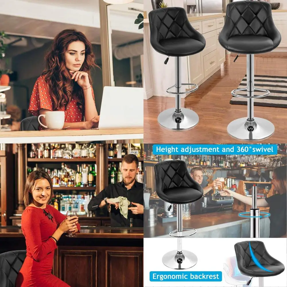 

Set of 2 Black Leather Adjustable Swivel Bar Stools with Armrests for Kitchen, Living Room, or Pub