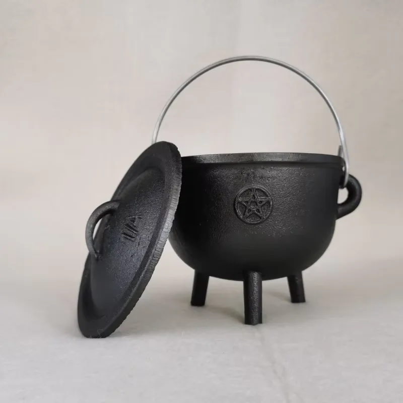 Cast Iron Wicca Cauldron with Lid & 3 Legs Pentagram Embossed Pot Black Smudging Burner Ritual Decor