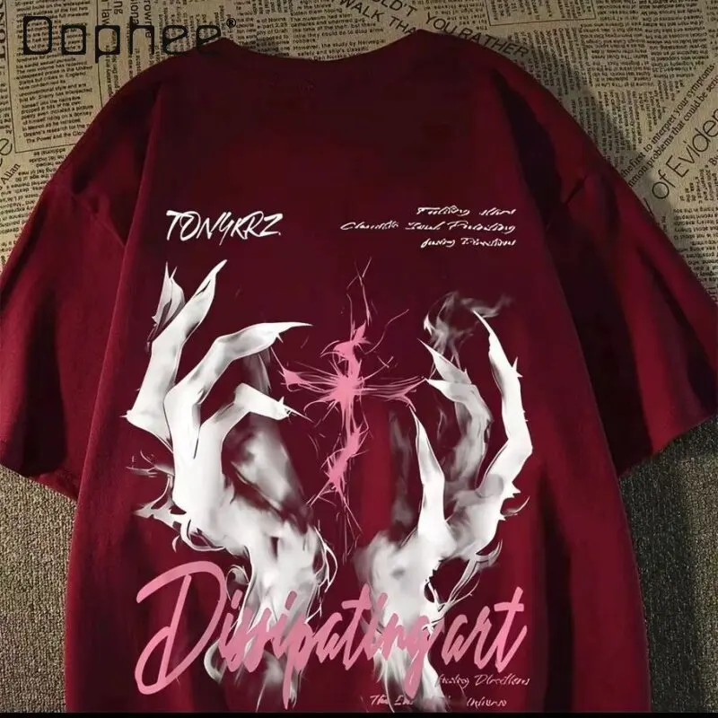 Summer Light Gray Ink Smoke Demon Wings Pink Cross Print T-Shirt Men Streetwear Loose Casual Apricot White Short Sleeve Top