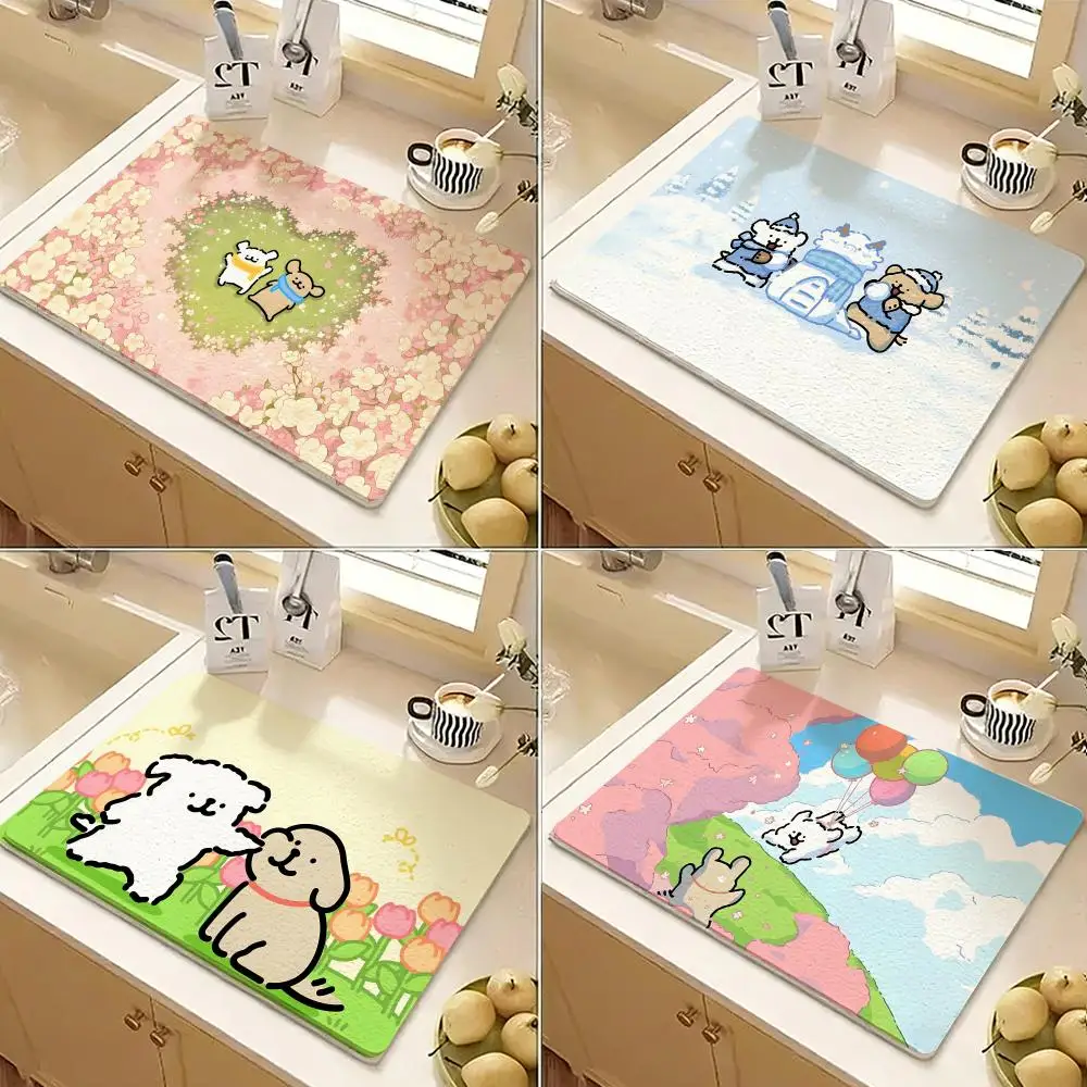 Cartoon maltese and golden retriever Floor Mat Diatomite Floor Mat Fast Drying Odor Resistant Non Slip Bath Kitchen Mat