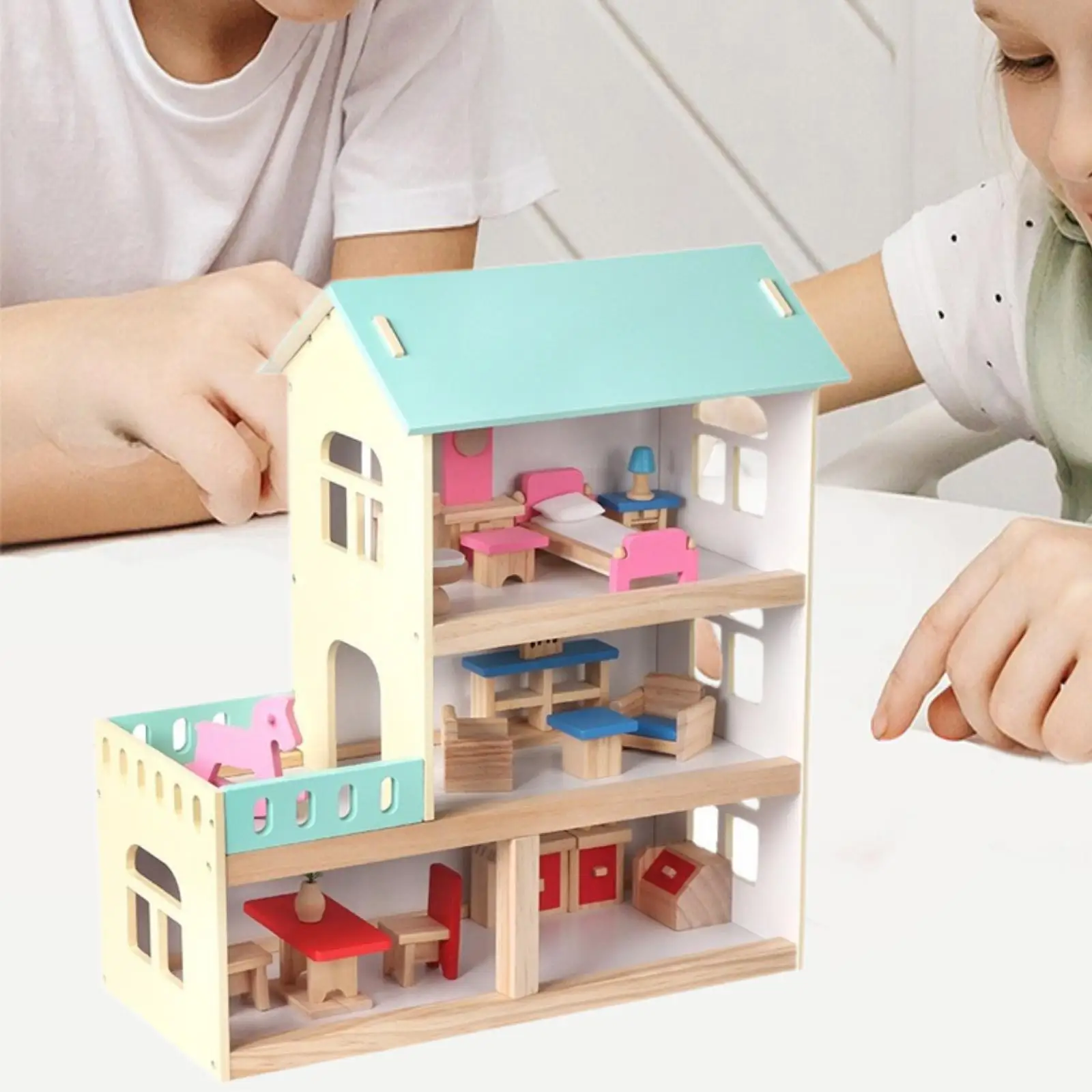 Casa delle bambole in legno per bambini Villa principessa 3 livelli Casa delle bambole moderna per famiglie Set da gioco per bambini dai 3 anni in su Regali di compleanno