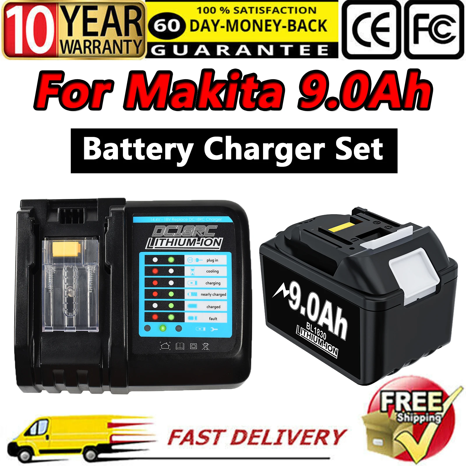 

For Makita 18V 9000mAh Rechargeable Power Tools Battery With LED BL1830 BL1850 BL1860 Battery Charger Set With Working Light