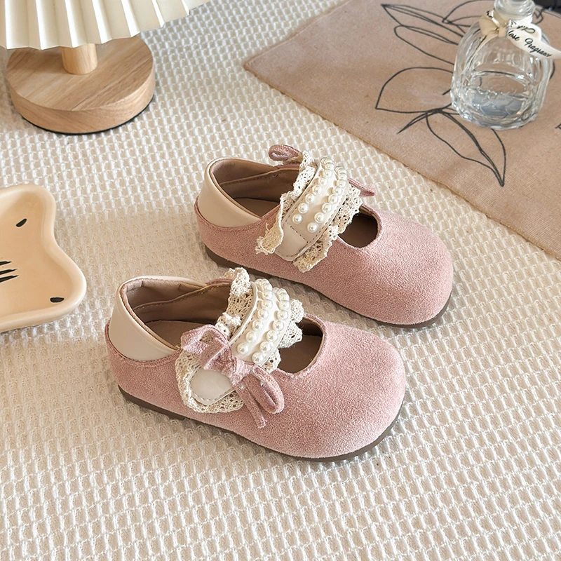 Girls Yellow Suede Loafers Kids Princess Lace Flats Lightweight Soft Sole Dress Shoes For Skirt Matching School Shoes For Girls