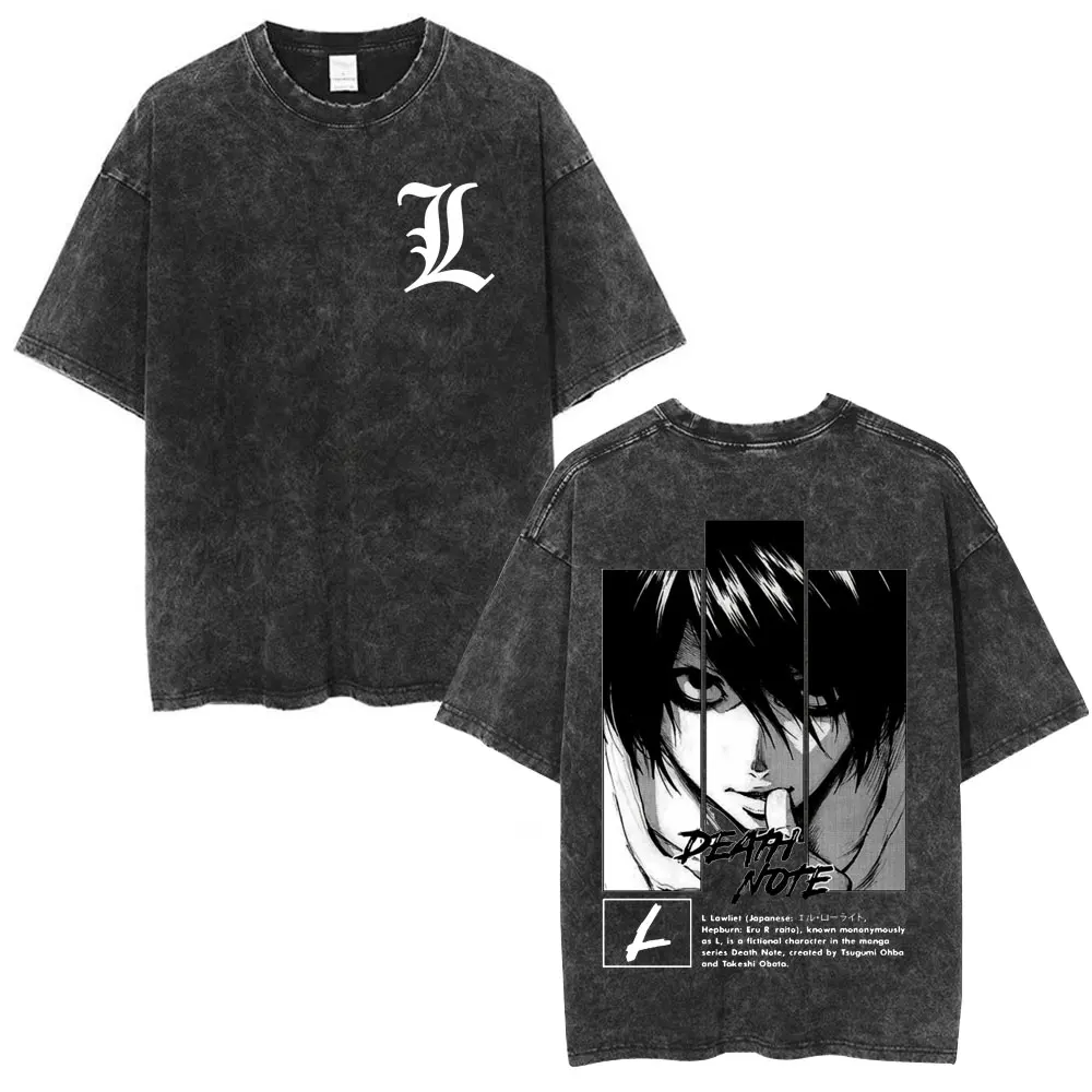 Vintage Washed Anime Death Note L·Lawliet Yagami Light T-Shirt Herren Damen Kleidung Mode Lässig Übergroße Kurzarm T-Shirts